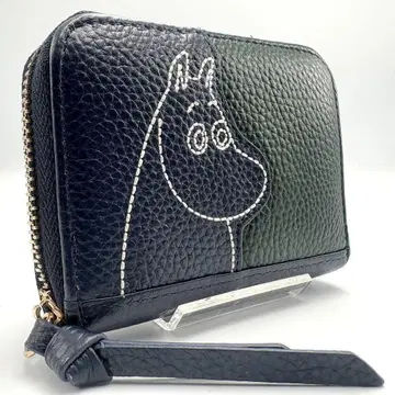 컨디션 최상 무민 주름 가죽 라운드 지퍼 카드 파우치 지갑 네이비