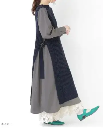 n'OrLABEL 셔츠 도킹 니트 원피스 네이비 그레이 ML