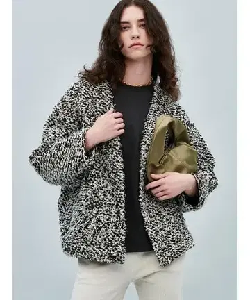 미라 오웬 여성스러운 노카라 믹스 트위드 니트 자켓