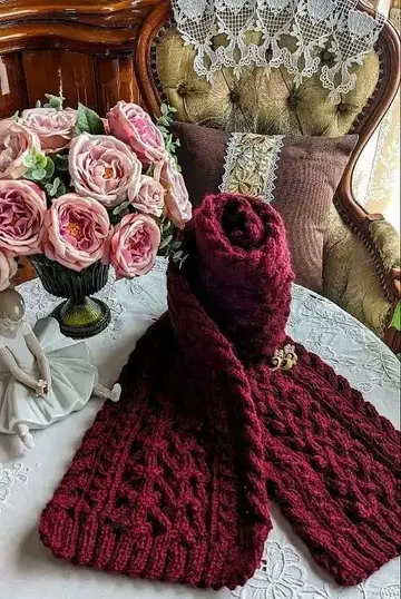 핸드메이드 아란 무늬 머플러 손뜨개질 버건디 레드