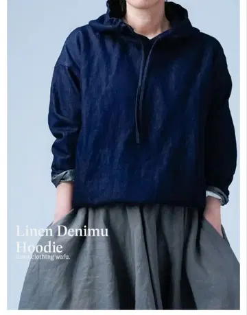 wafu. 린넨 데님 후드티 남녀 공용 후드 상의 t057b-din2