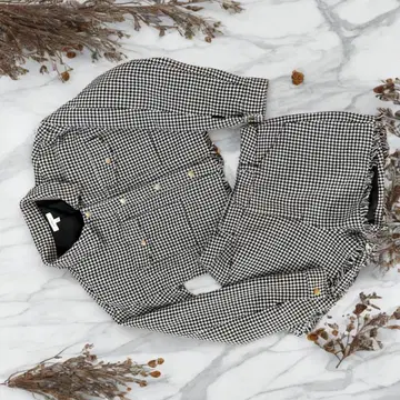 하운드 투스 패턴 셔츠 & 숏팬츠 세트