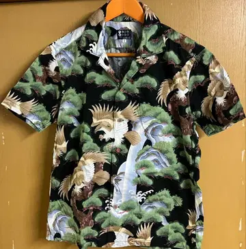 다케오 키쿠치 일본풍 패턴 하와이안 셔츠 블랙 베이스 독수리 소나무 폭포
