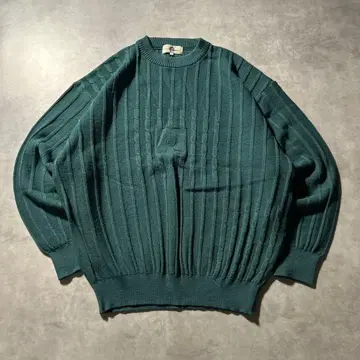 빈티지 케이블 원포인트 로고 그린 원톤 니트 스웨터