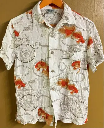 일본풍 패턴 하와이안 셔츠 화이트 베이스 금붕어 M 사이즈
