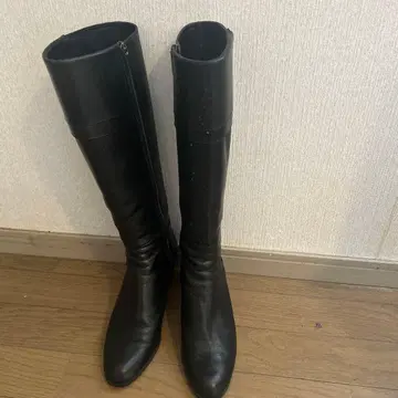 블랙 가죽 롱 부츠 중간 힐