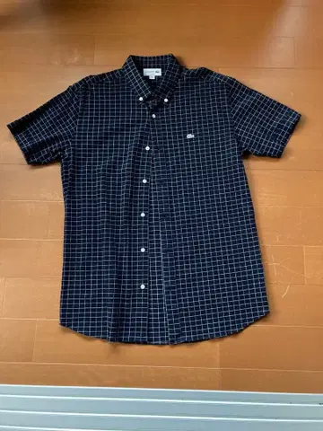 LACOSTE 네이비 체크 무늬 반팔 셔츠 US M