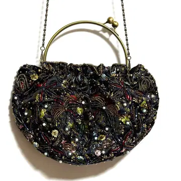 [ 쇼와 레트로 ] 자수 비즈 2WAY 백 꽃무늬 블랙 숄더