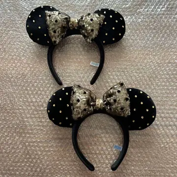 최종 디즈니 머리띠 2개 블랙 골드 리본 도트 스톤