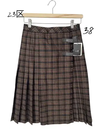 23구 [미사용] 플리츠 스커트 캐시미어 혼방 체크 무늬 브라운 38