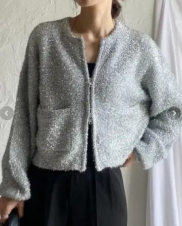 시즌 클로젯 긴팔 숏 기장 더블 집업 라메 니트 가디건