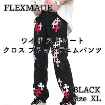 [ FLEXMADE ] 와이드 스트레이트 크로스 블랙 데님 팬츠 XL