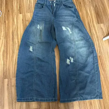 데님 와이드 레그 팬츠 데미지 가공