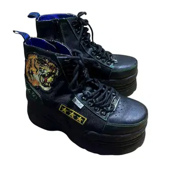 YOSUKE 통굽 부츠 자수 호랑이 무늬 블랙 그린 스티치 23.5