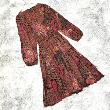 올 패턴 페이즐리 무늬 롱 원피스 스퀘어 넥 레트로 드레스 빈티지