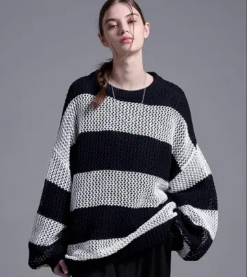 루즈 볼륨 슬리브 시어 메쉬 오버 니트 M