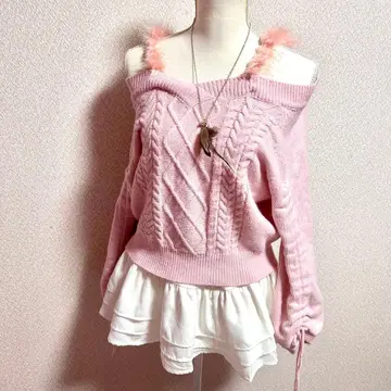 y2k 헤이세이 히메 스타일 히메 갸루 페어리 그런지 V넥 오프숄더 니트