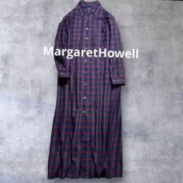 마가렛호웰 레어 고급 울 믹스 성인 걸리시 체크 프릴 원피스