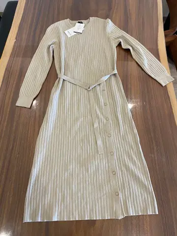 리브 편직 베이지 롱 원피스