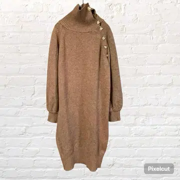 11292 롱 니트 원피스 브라운 터틀넥 어깨 버튼 구제 의류