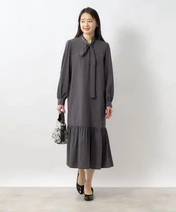 index 그레이 보타이 A라인 플레어 원피스