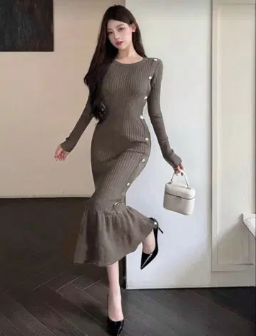 리브 니트 니트 원피스 롱 원피스 M 사이즈