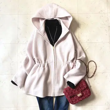 새상품급 쿠미교쿠 빅 사이즈 6 후드 부착 울 리버 숏코트 최근