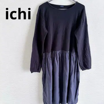 이치(ichi) 긴팔 롱 원피스 루즈핏 네이비 코튼