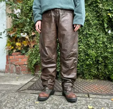 올드 가죽 팬츠 브라운 지퍼 빈티지