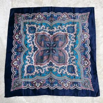 대형 스카프 네이비 터콰이즈 페이즐리 무늬 77cm 꽃무늬 에키조틱