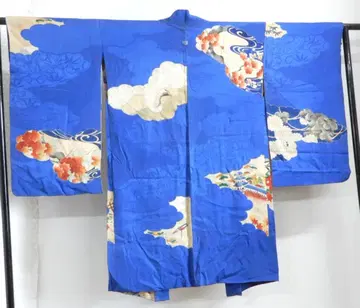 순수 실크 앤티크 긴 겉옷 기장 99cm 파란색에 유젠 염색