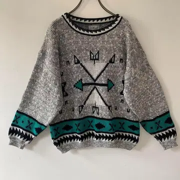 빈티지 미국제 총무늬 니트 자카드 네이티브 무늬 블랙 그린 L 레트로