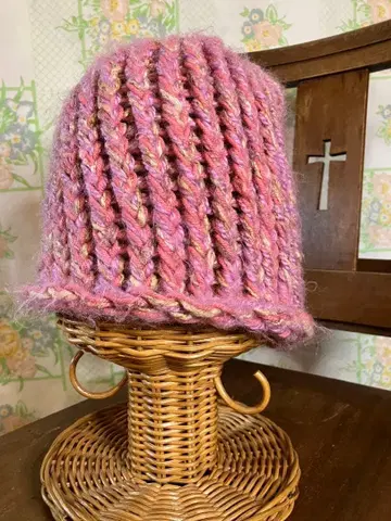 빈티지 손뜨개질 니트 모자 핑크 x 베이지 핸드메이드 따뜻한 겨울 잡화
