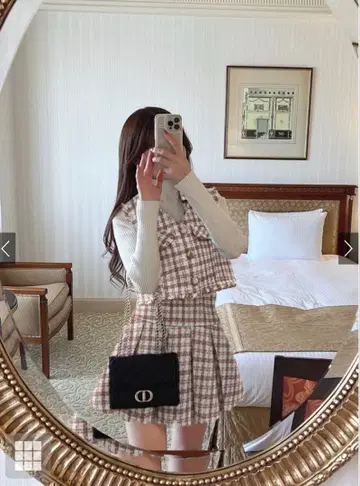 트위드 체크 베스트 x 플리츠 스커트 셋업