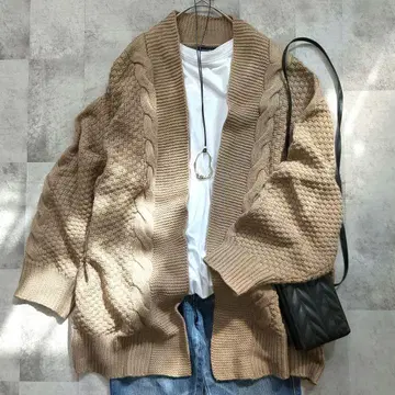 케이블 짜임 니트 가디건 베이지 루즈핏 4L 겉옷 내추럴