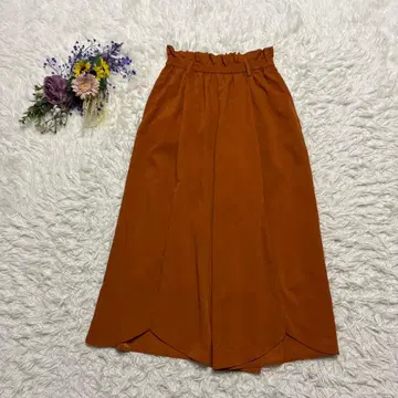 새상품급*로페피크닉 와이드 팬츠 허리밴딩 밑단 웨이브 오렌지 38