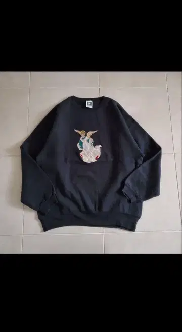 90s USA제 천사 자수 맨투맨 블랙 L 아트