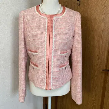 핑크 트위드 노카라 자켓