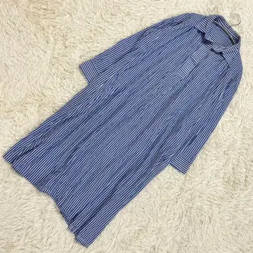 잔니로 주디 체 블루 스트라이프 긴팔 셔츠 원피스 무릎 기장 코튼 L