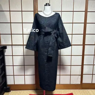 LL 기모노 리메이크 순수 실크 네이비 계열  심플 넉넉한 원피스