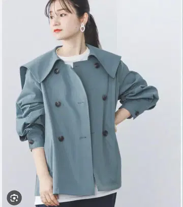 BEAMS HEART 라이트 블루 더블 트렌치 벌룬 소매