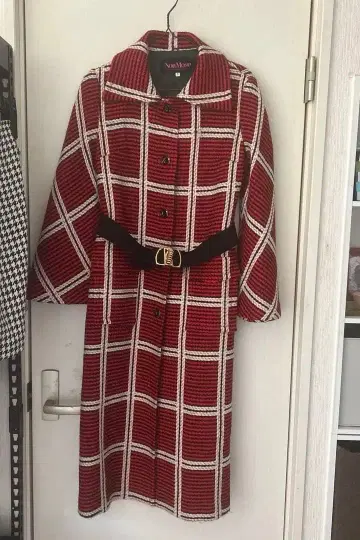 쇼와 레트로 체크 무늬 벨 슬리브 롱 코트