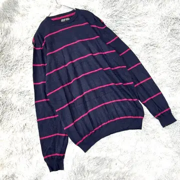 보더 코튼 니트 (M) 스웨터 네이비 성숙 캐주얼 크루넥