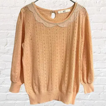 에프데 티셔츠 7부 소매 펄 장식 비침 살몬 핑크 여성용