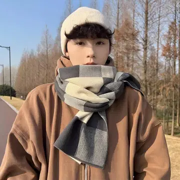 [ 미사용 새상품 ] 체크 무늬 머플러 그레이/블랙 세탁 가능 방한