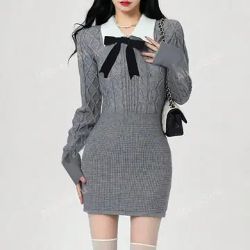 그레이 케이블 짜임 니트 원피스 미니 긴팔
