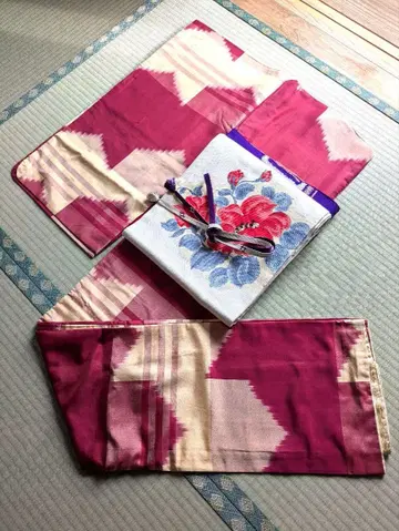 적자색과 베이지색 코몬 이중 기모노 명선 앤티크 빈티지 순수 실크