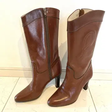 일본제 롱 부츠 가죽 부츠 힐 22cm 브라운