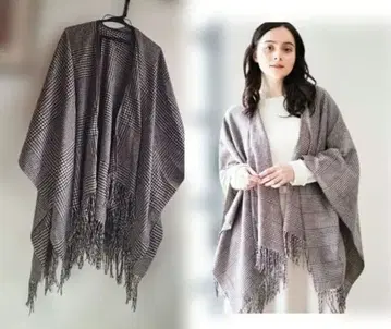 베이지 그레이 계열 체크 무늬 스톨 숄