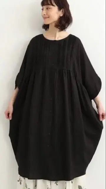 ubasoku 우바소쿠 린넨 100% 핀턱 코쿤 원피스 블랙